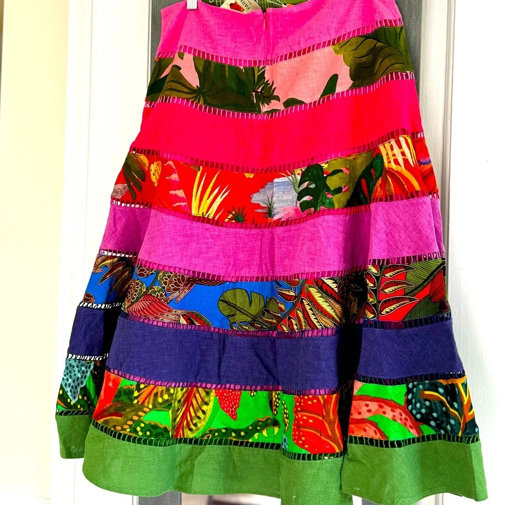 FARM Rio Rainbow Mixed Prints Tiered Midi Skirt Gypsy Bohemian - Picture 5 of 15